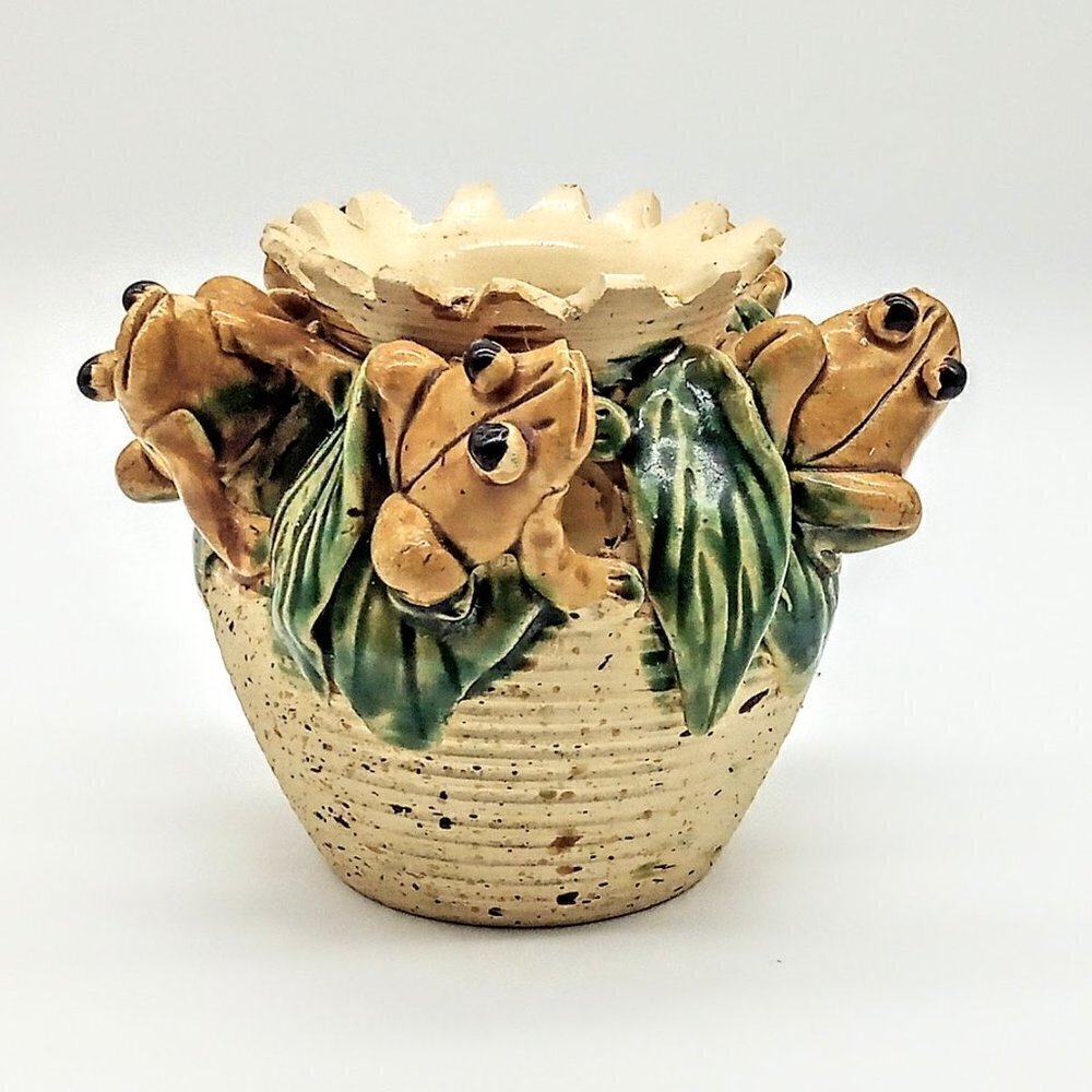 Five Frogs Green Tan Ceramic Sawtooth Rim Vase